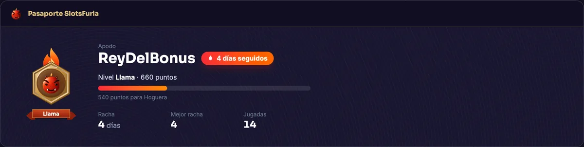 Pasaporte de un jugador de nivel Llama con 660 puntos y una racha de 4 días