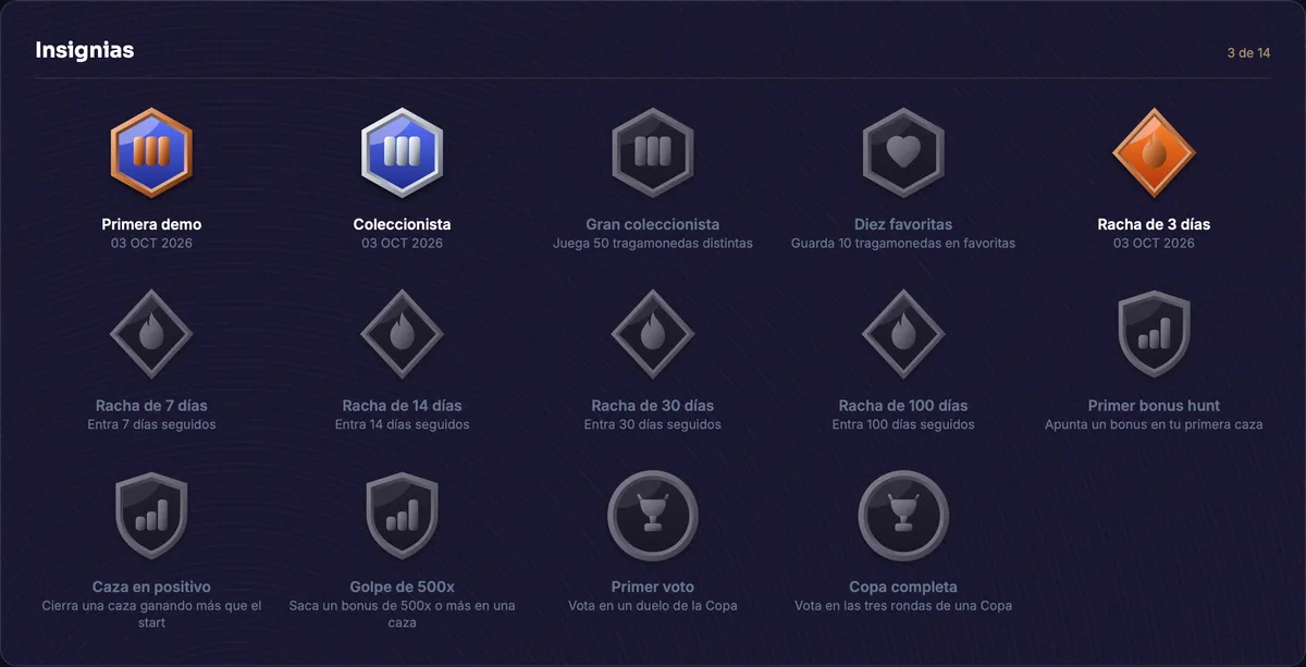 Cuadrícula de insignias esmaltadas, unas ganadas y otras bloqueadas