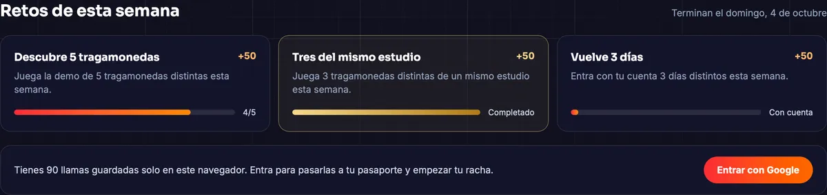 Los tres retos de la semana con su barra de progreso