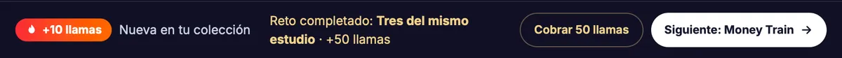 Barra bajo la demo de Money Train 5: +10 llamas, reto completado y botón Siguiente