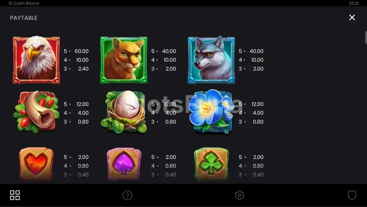Tabla de pagos de 10 Cash Bisons con todos los símbolos