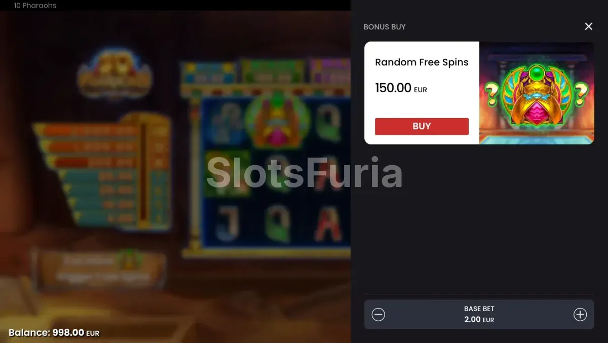 Menú de compra de bonus disponible en 10 Pharaohs