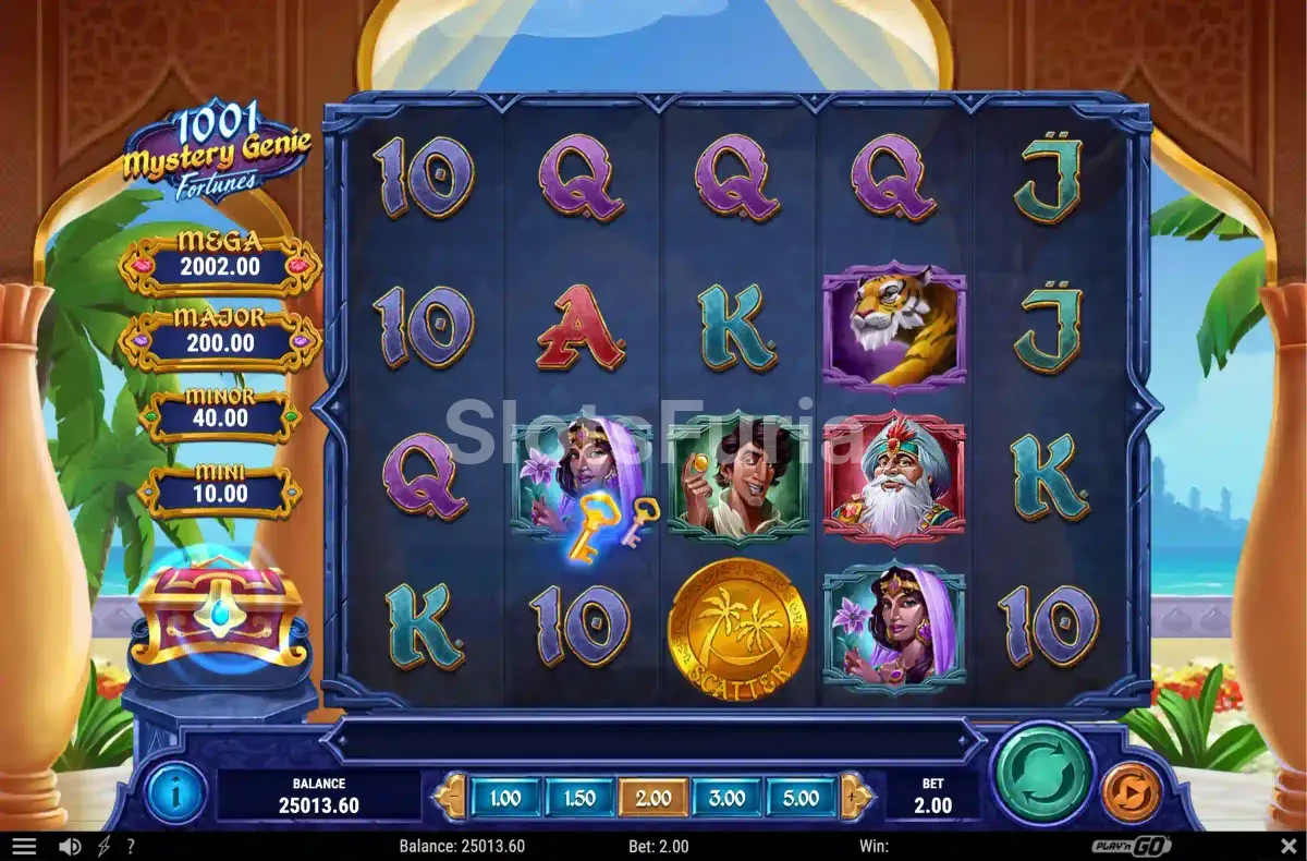 Pantalla principal de 1001 Mystery Genie Fortunes con los cinco rodillos activos