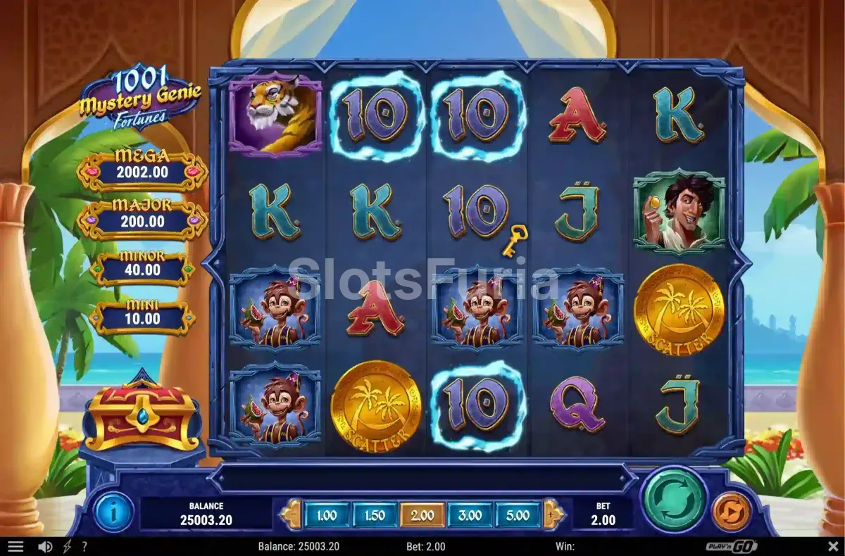 Juego base de 1001 Mystery Genie Fortunes mostrando una combinación ganadora en los rodillos