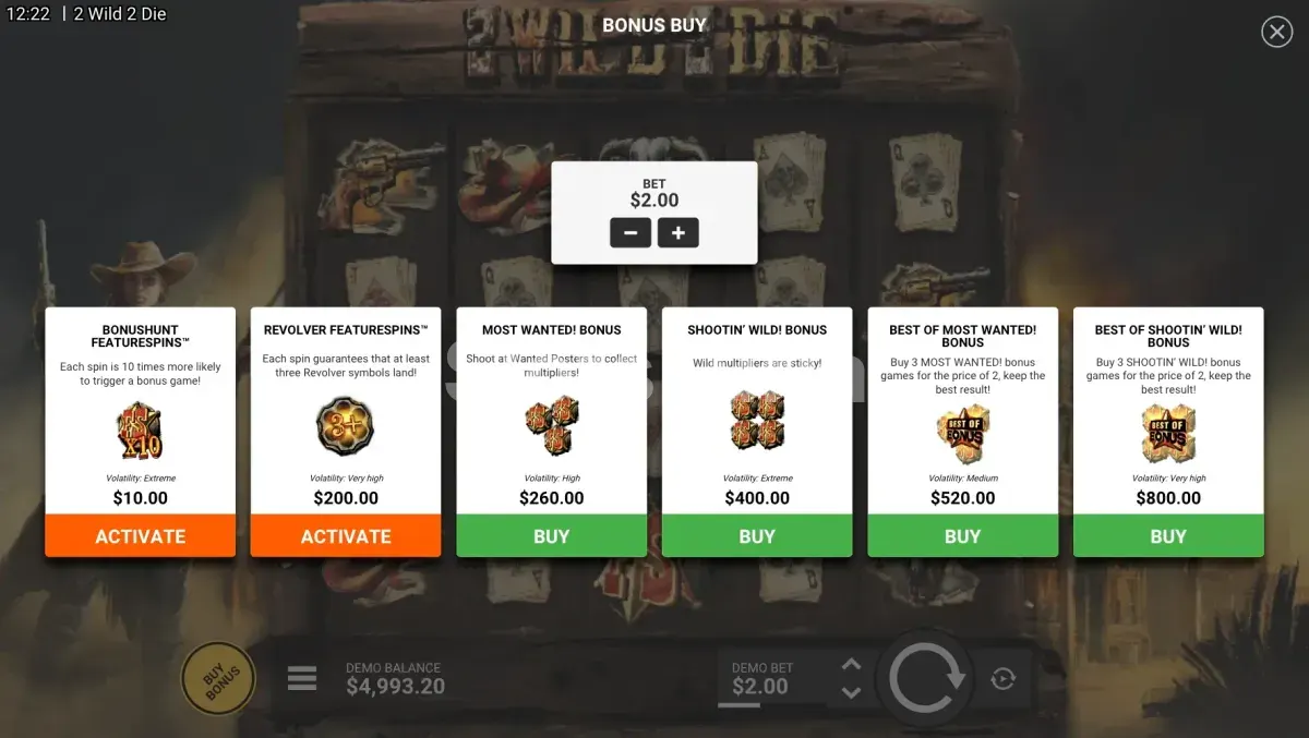 Opciones de compra de bonus en 2 Wild 2 Die