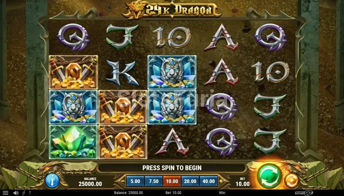 Pantalla principal del juego 24K Dragon con sus cinco carretes y fondo de caverna dorada