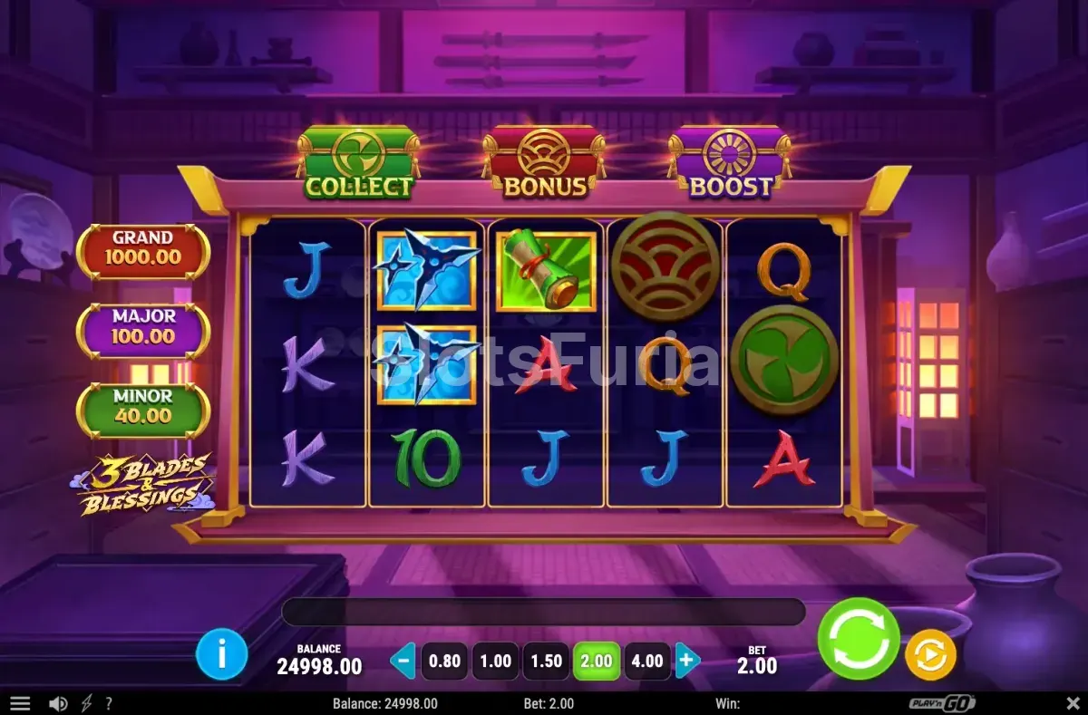 Vista del juego base de 3 Blades & Blessings con sus cinco carretes en acción