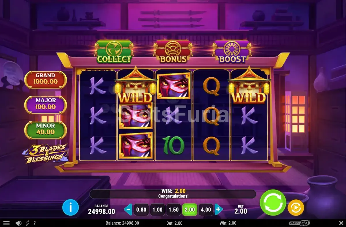 Símbolo Wild de 3 Blades & Blessings en acción durante un giro especial