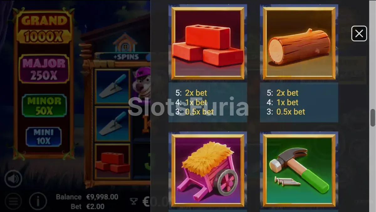 Tabla de pagos y símbolos de 3 Builder Piggies
