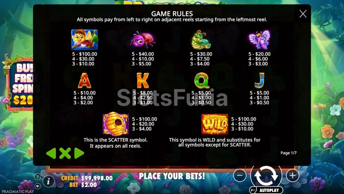 Tabla de pagos de 3 Buzzing Wilds con símbolos premium