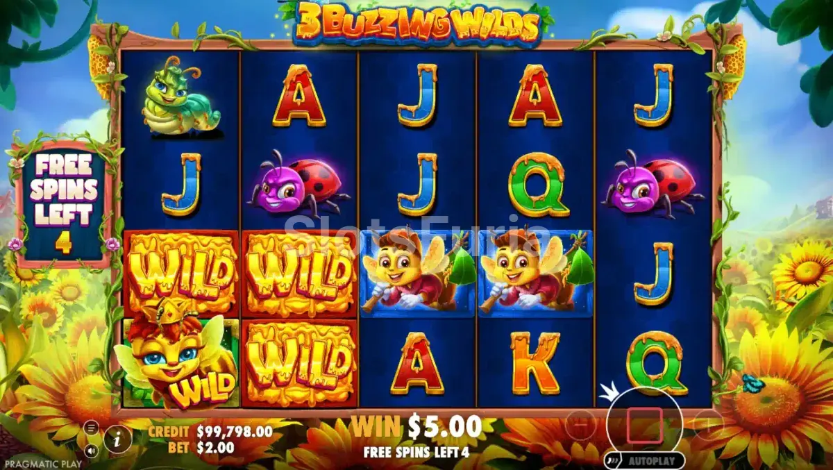 Ronda de giros gratuitos de 3 Buzzing Wilds con wilds pegajosos