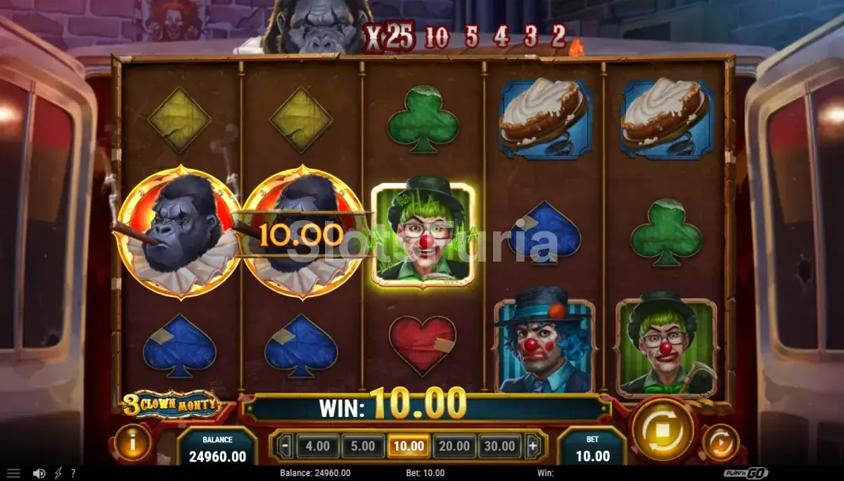 Resultado de giro con comodines multiplicadores en 3 Clown Monty