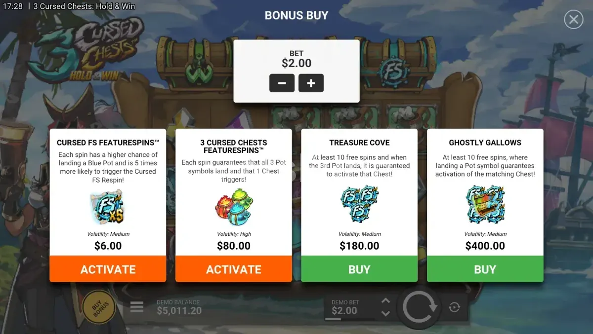 Menú de compra de cuatro opciones de 3 Cursed Chests, tragamonedas de magia de Hacksaw Gaming