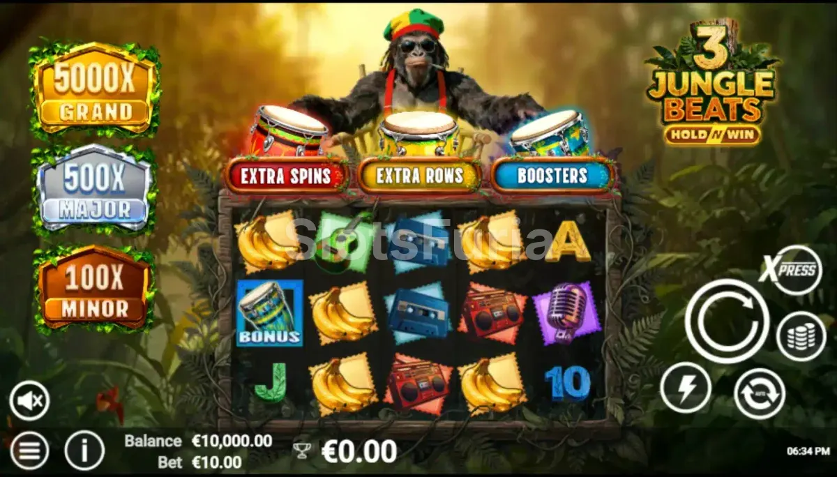 Pantalla principal del juego 3 Jungle Beats con sus 5 carretes y temática selvática