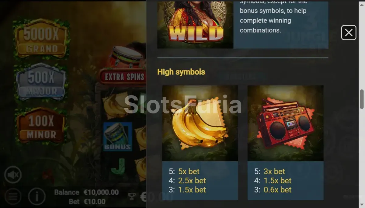 Tabla de pagos de 3 Jungle Beats mostrando los símbolos y sus valores