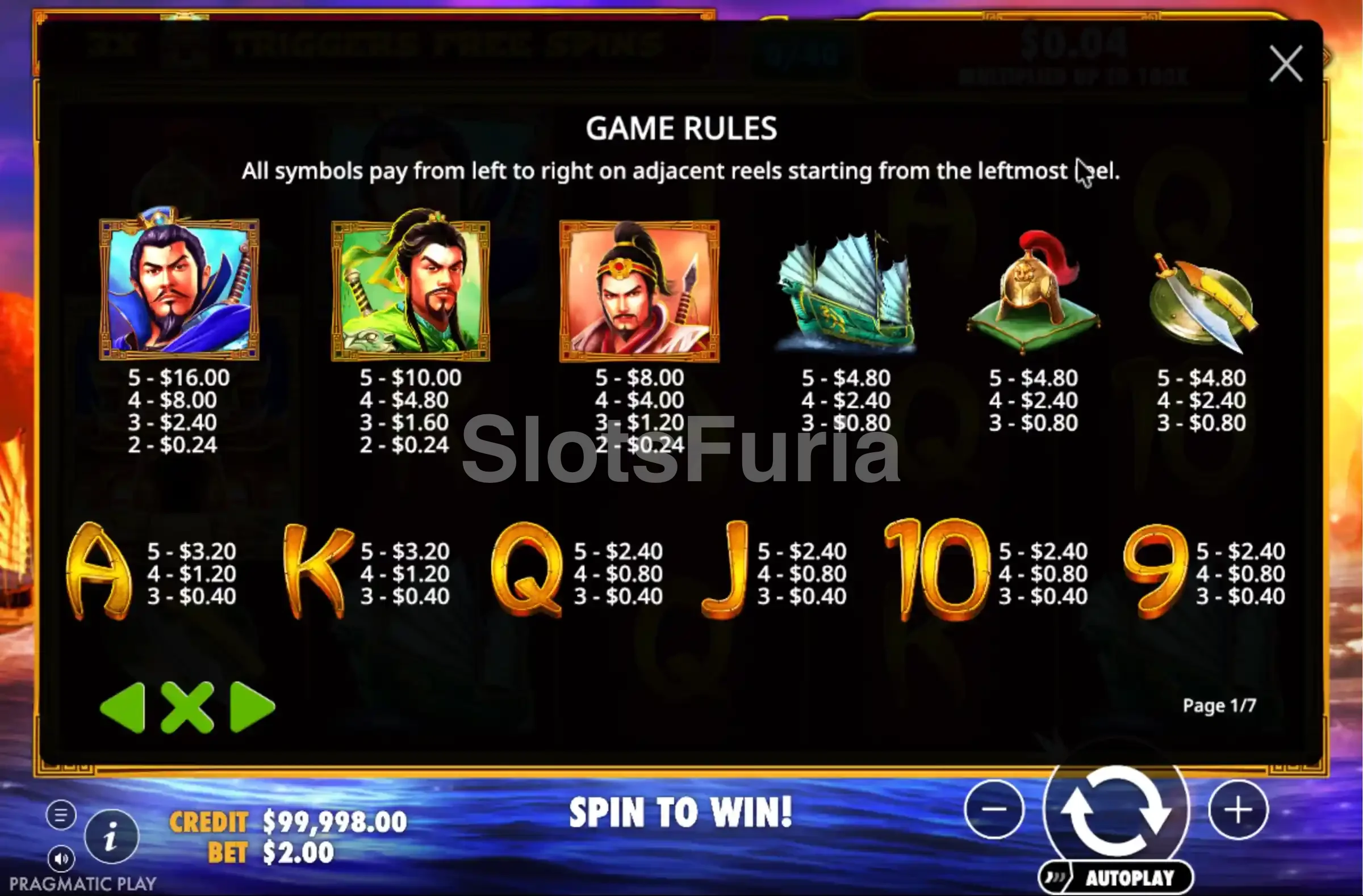Tabla de pagos de 3 Kingdoms Battle of Red Cliffs con todos los símbolos