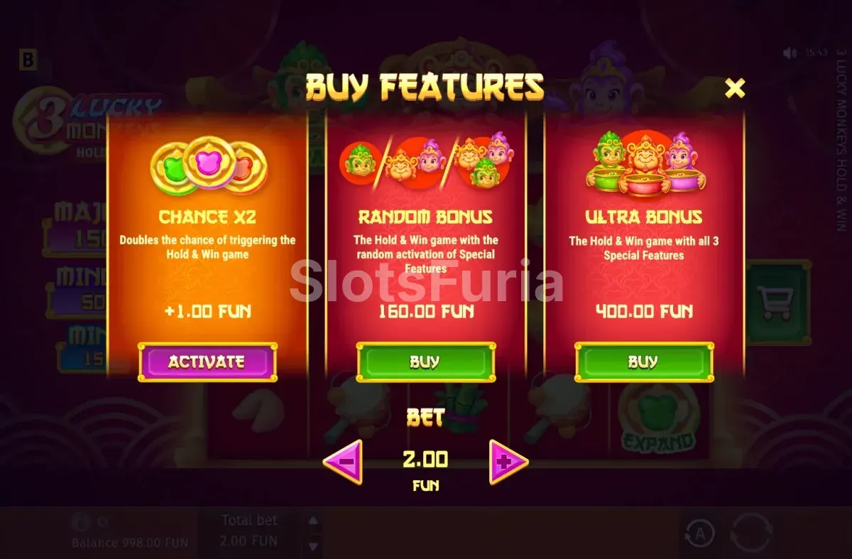 Opciones de compra de bonos en 3 Lucky Monkeys Hold & Win