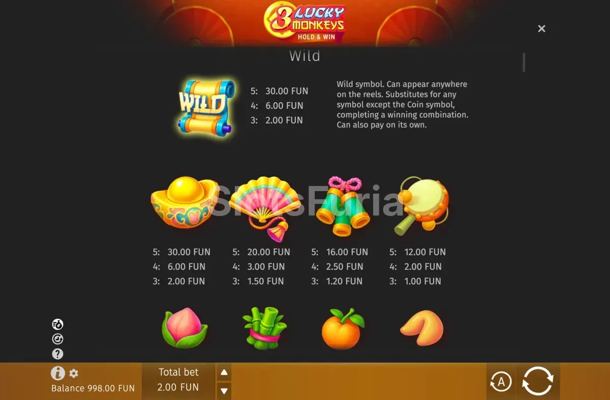 Tabla de pagos de 3 Lucky Monkeys Hold & Win