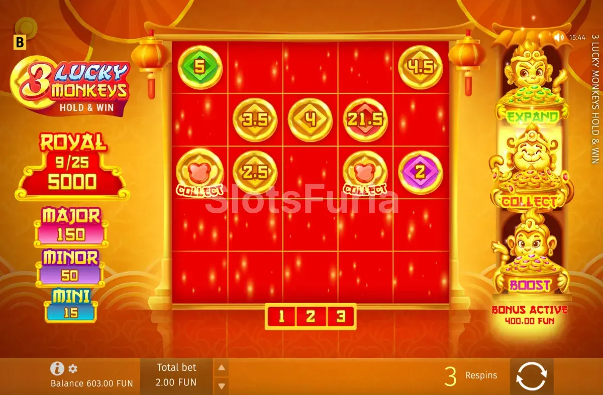 Ronda Hold & Win Bonus de 3 Lucky Monkeys Hold & Win