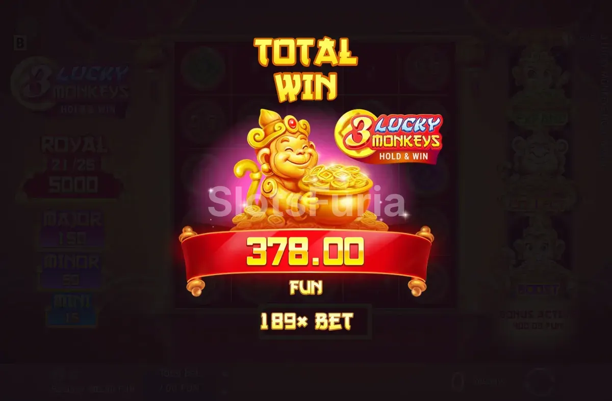 Gran ganancia en la rejilla ampliada de 3 Lucky Monkeys Hold & Win