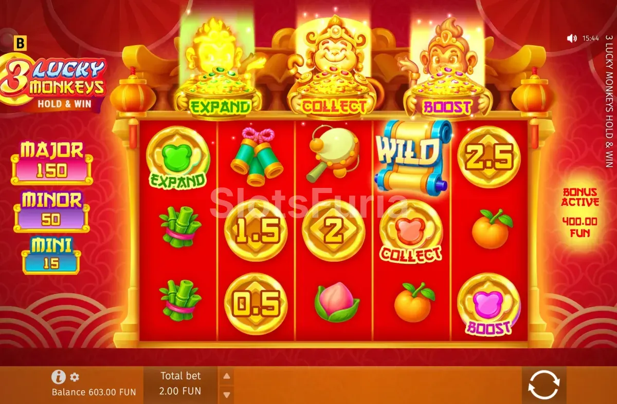 Monedas Especiales y scatters en 3 Lucky Monkeys Hold & Win