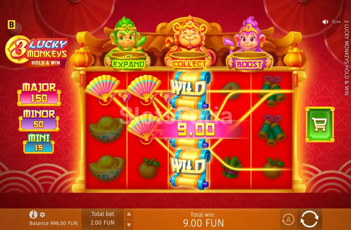 Juego base de 3 Lucky Monkeys Hold & Win con rejilla de 5x3
