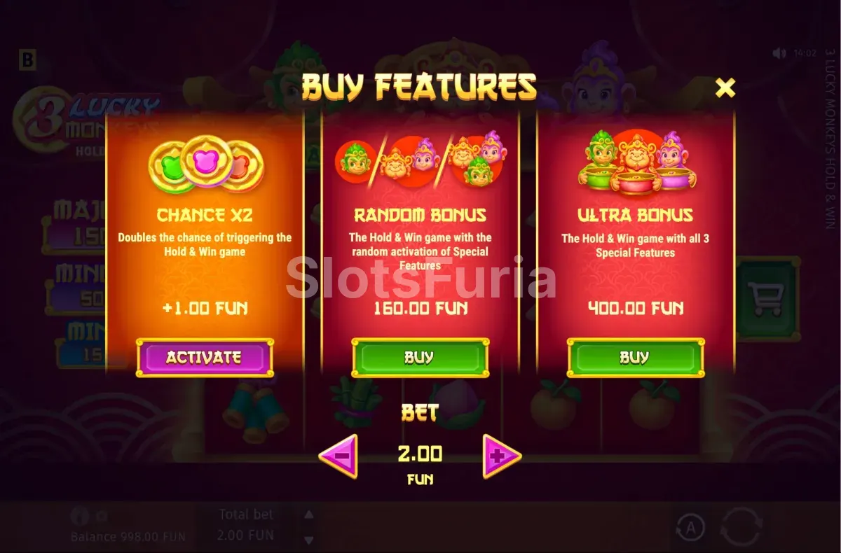 Pantalla de compra de bonus en 3 Lucky Monkeys