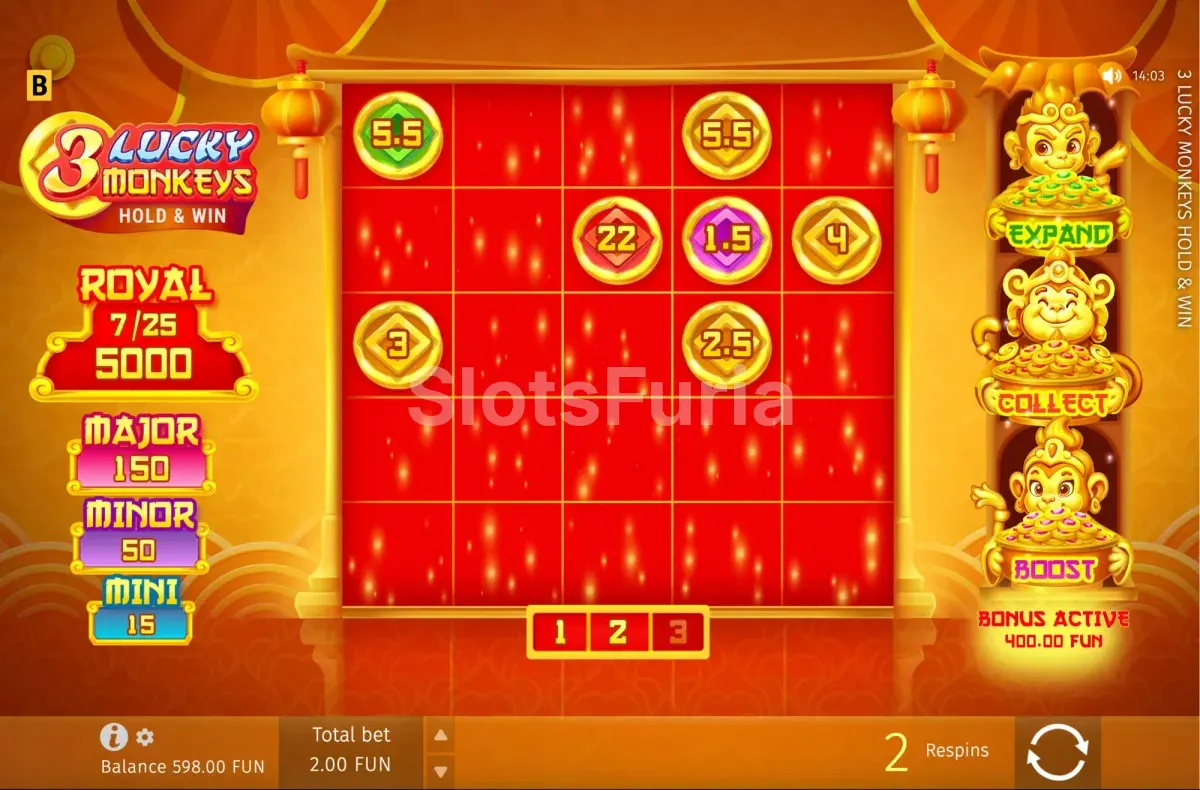 Ronda de giros gratis activada en 3 Lucky Monkeys