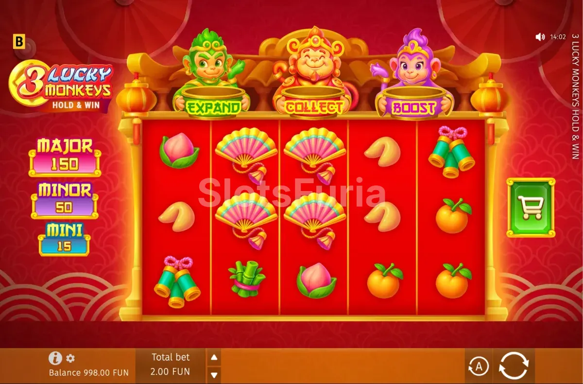 Juego base de 3 Lucky Monkeys con la grilla de 5 rodillos y 3 líneas