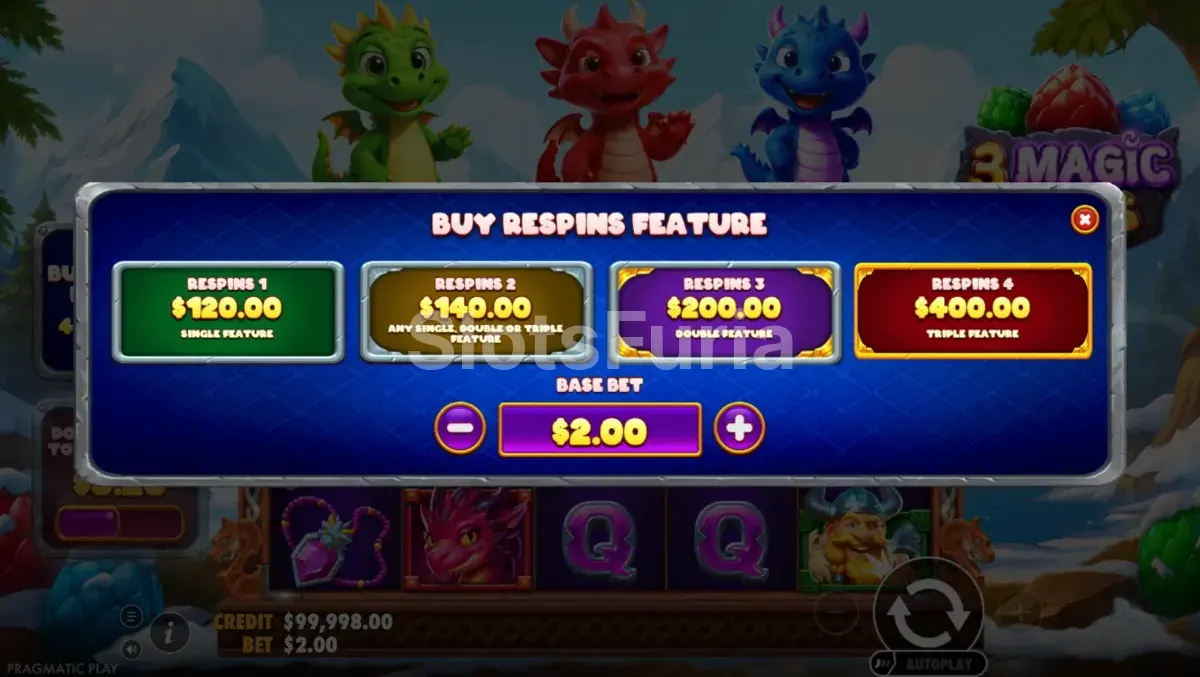 Menú de compra de bono disponible en 3 Magic Eggs de Pragmatic Play