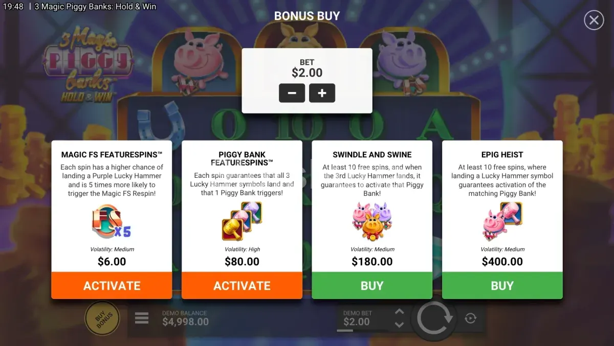 Menú de compra de bono en 3 Magic Piggy Banks Hold & Win