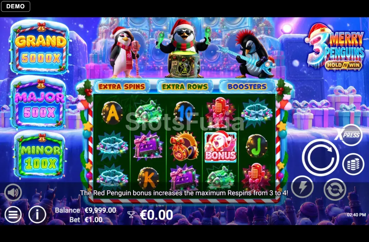 Juego base de 3 Merry Penguins con la grilla de 5 rodillos
