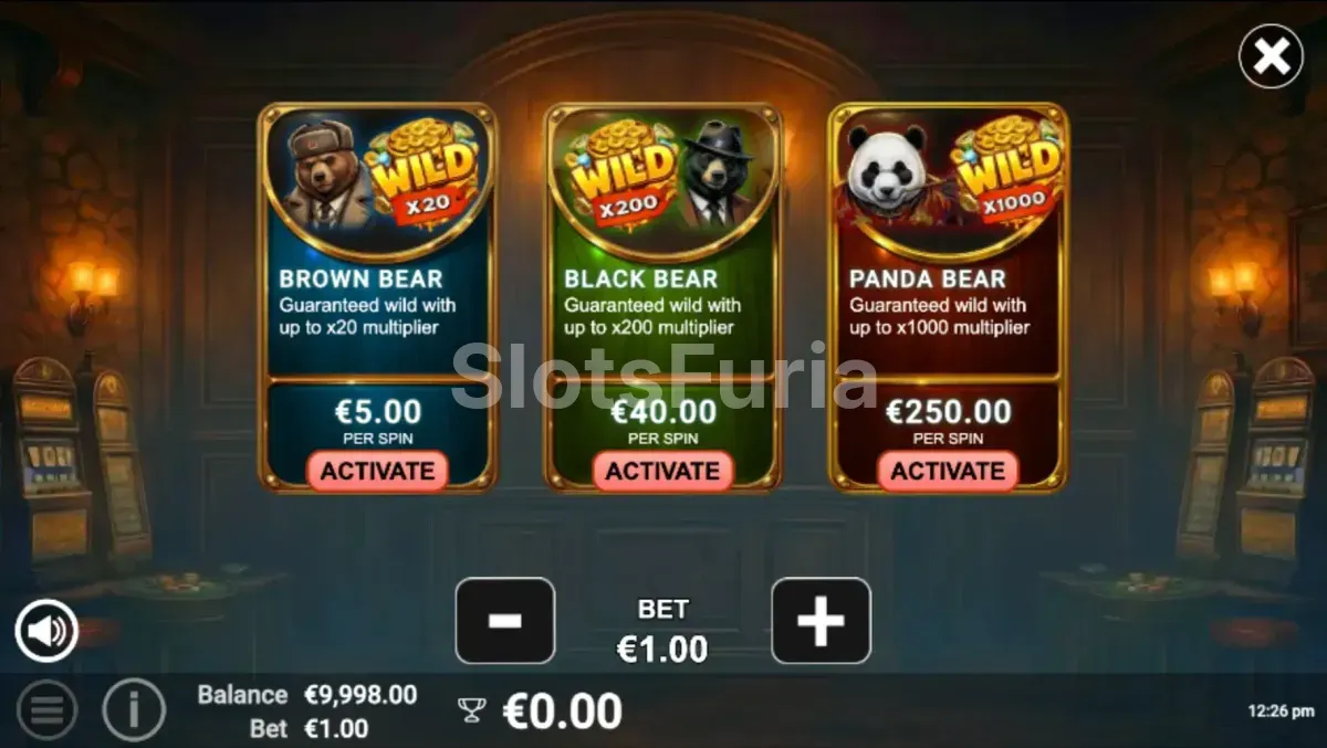 Pantalla de compra de bonus de 3 Power Bears con los tres niveles de oso