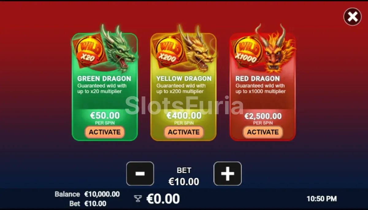 Menú de compra de bono disponible en 3 Power Dragons