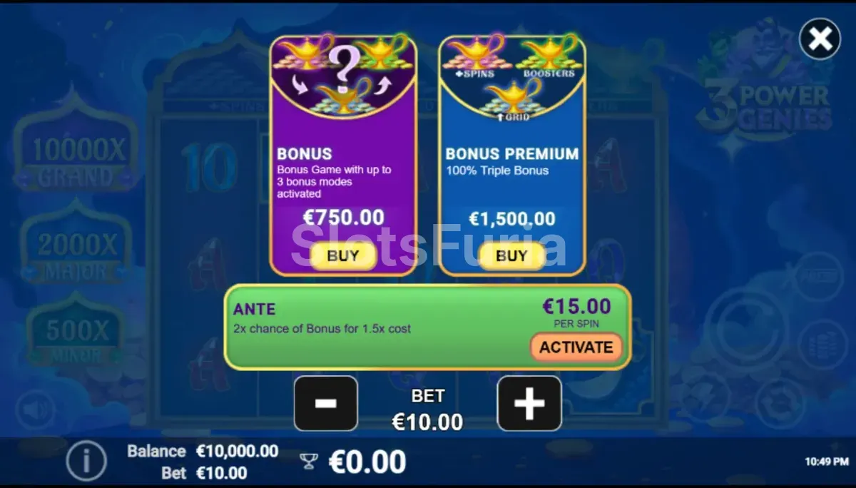Menú de compra de bonus en 3 Power Genies