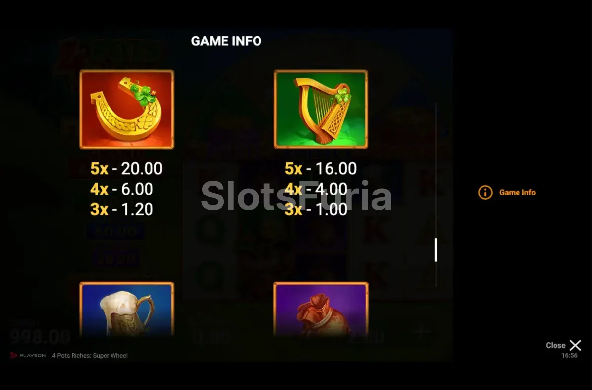 Tabla de pagos y símbolos especiales de 4 Pots Riches Super Wheel