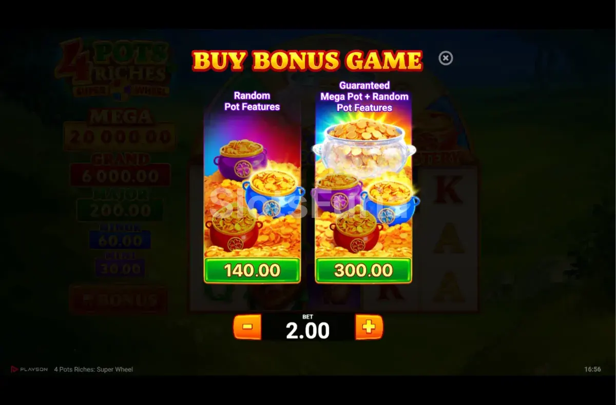 Pantalla de compra de bonus de 4 Pots Riches Super Wheel