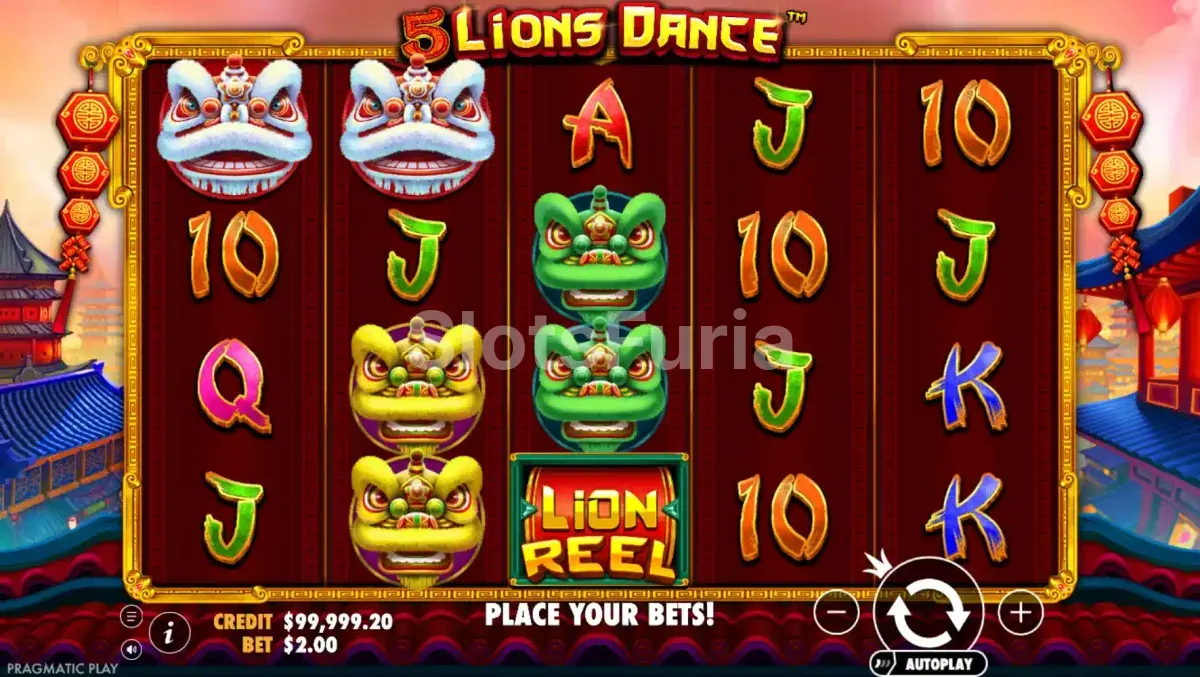 Pantalla principal de 5 Lions Dance con los leones en los rodillos