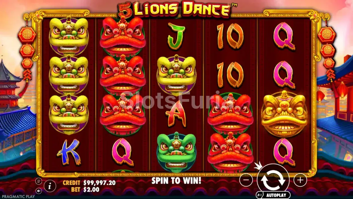 Segunda vista del juego base de 5 Lions Dance durante una racha de giros