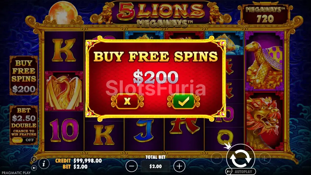Función de compra de bonus en 5 Lions Megaways de Pragmatic Play