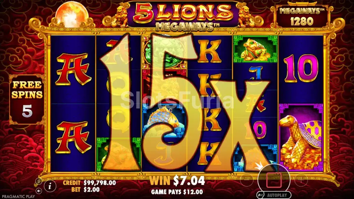 Ronda de giros gratis de 5 Lions Megaways con multiplicadores activos