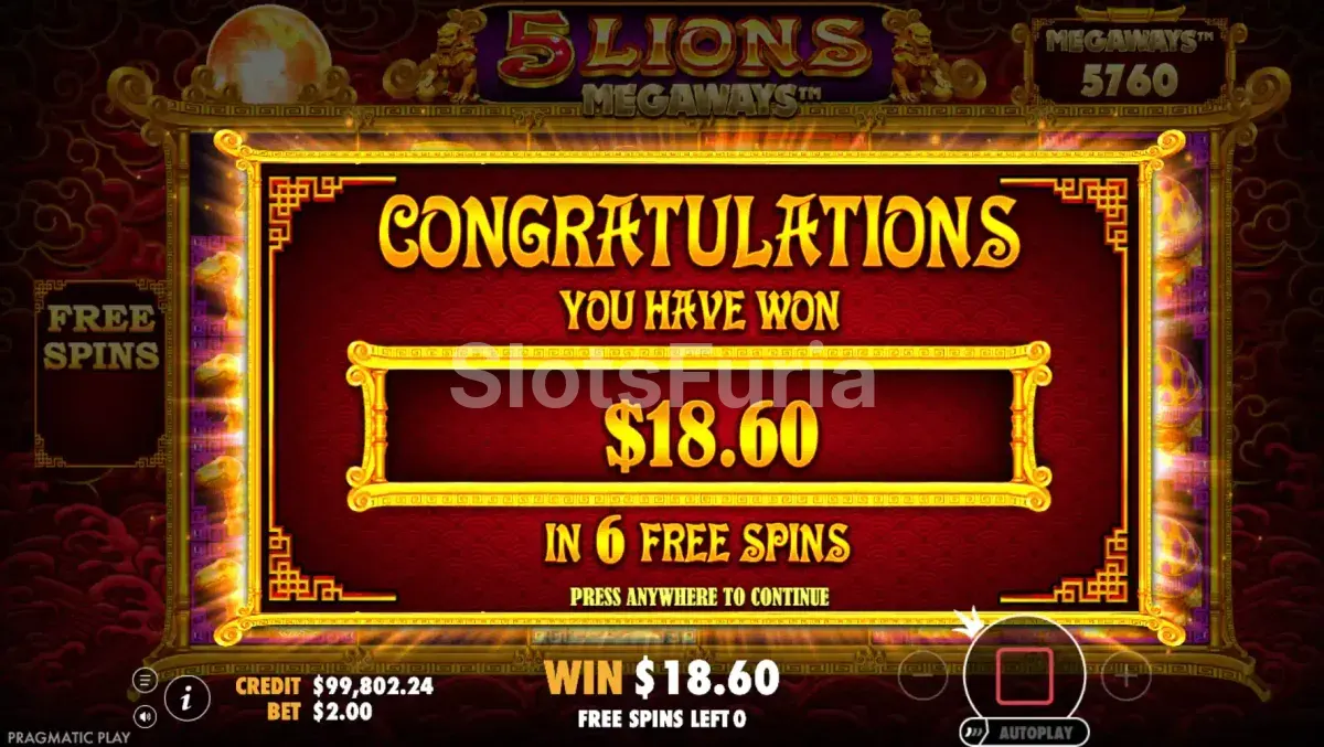 Gran victoria en 5 Lions Megaways con multiplicador activo