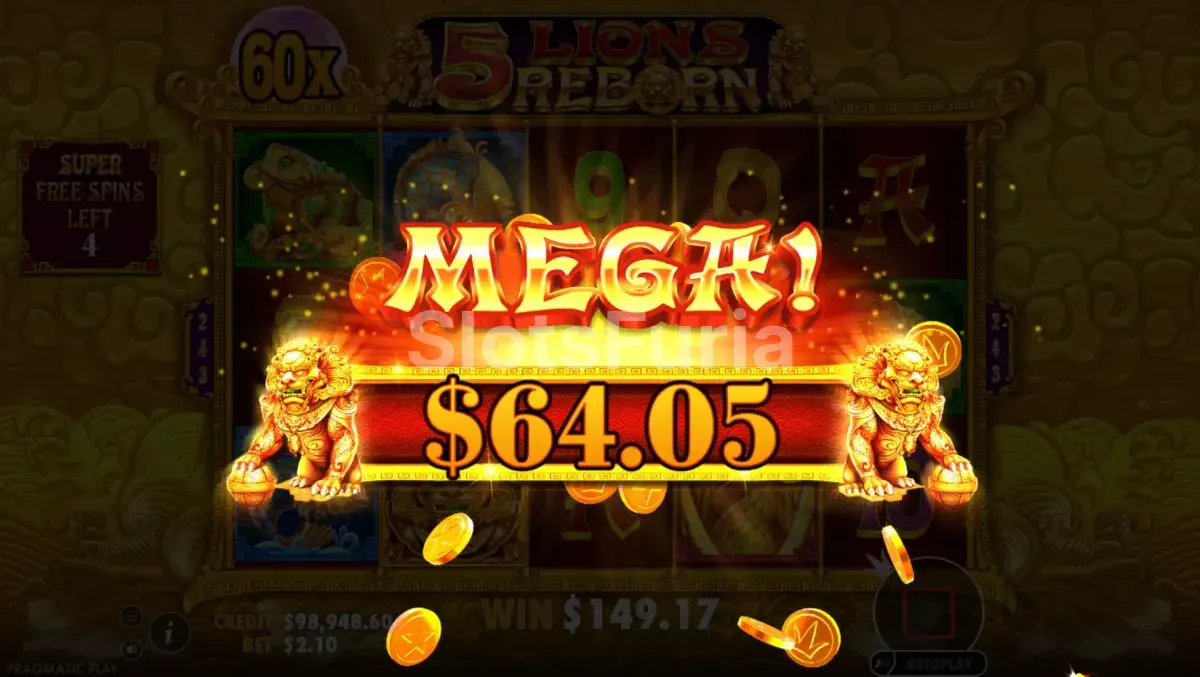 Gran premio en los giros gratis de 5 Lions Reborn