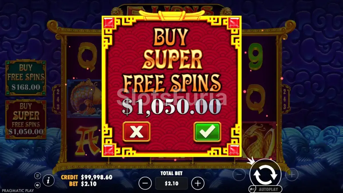 Menú de compra de bono de 5 Lions Reborn con opciones de 80x y 500x