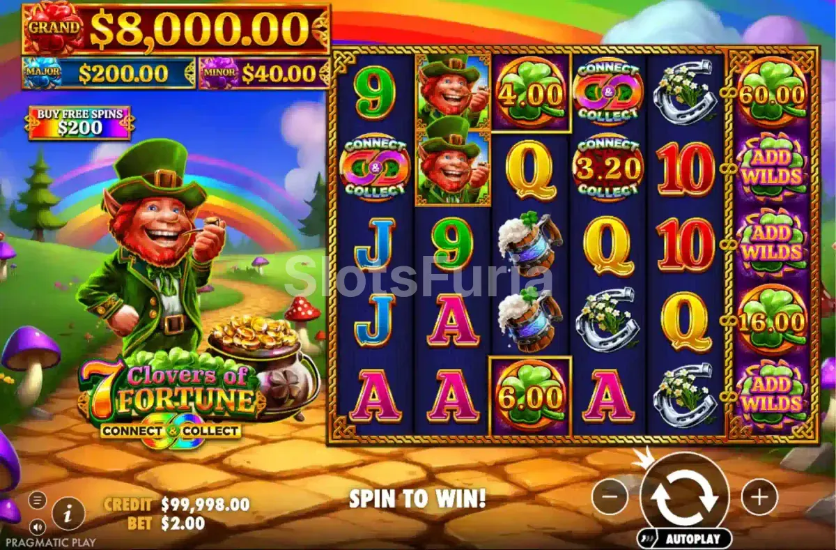 Juego base de 7 Clovers of Fortune con el rodillo central de tres casillas