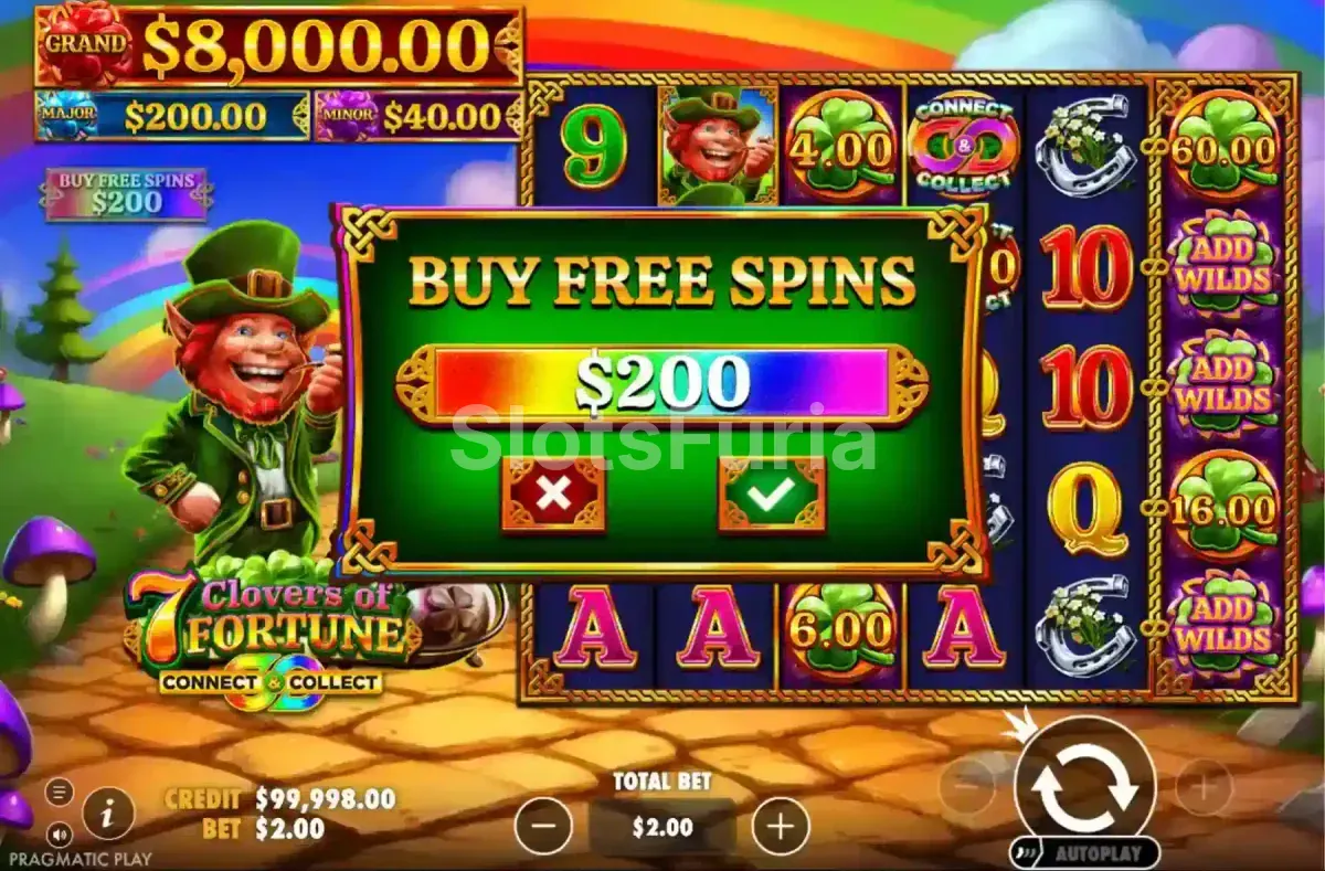 Pantalla de compra del bono de 7 Clovers of Fortune por 100x la apuesta