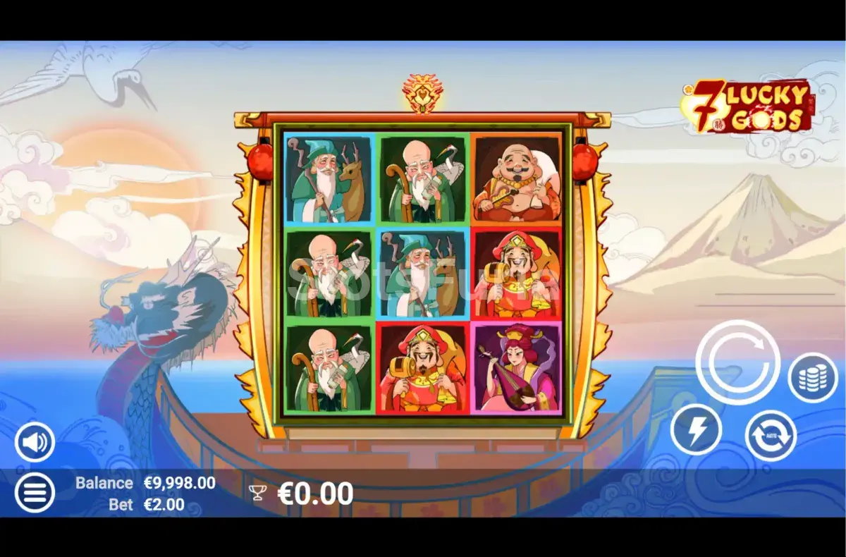 Pantalla principal del juego 7 Lucky Gods con sus dioses dorados