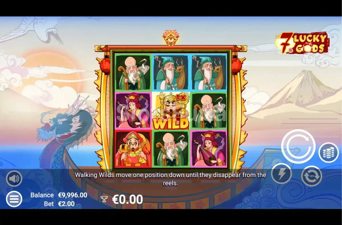 Segunda vista del juego base de 7 Lucky Gods con combinación ganadora activa