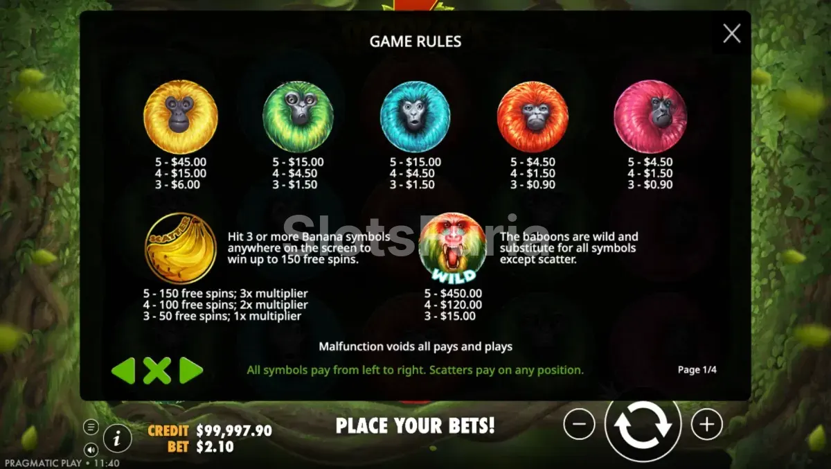 Tabla de pagos de 7 Monkeys mostrando símbolos y premios