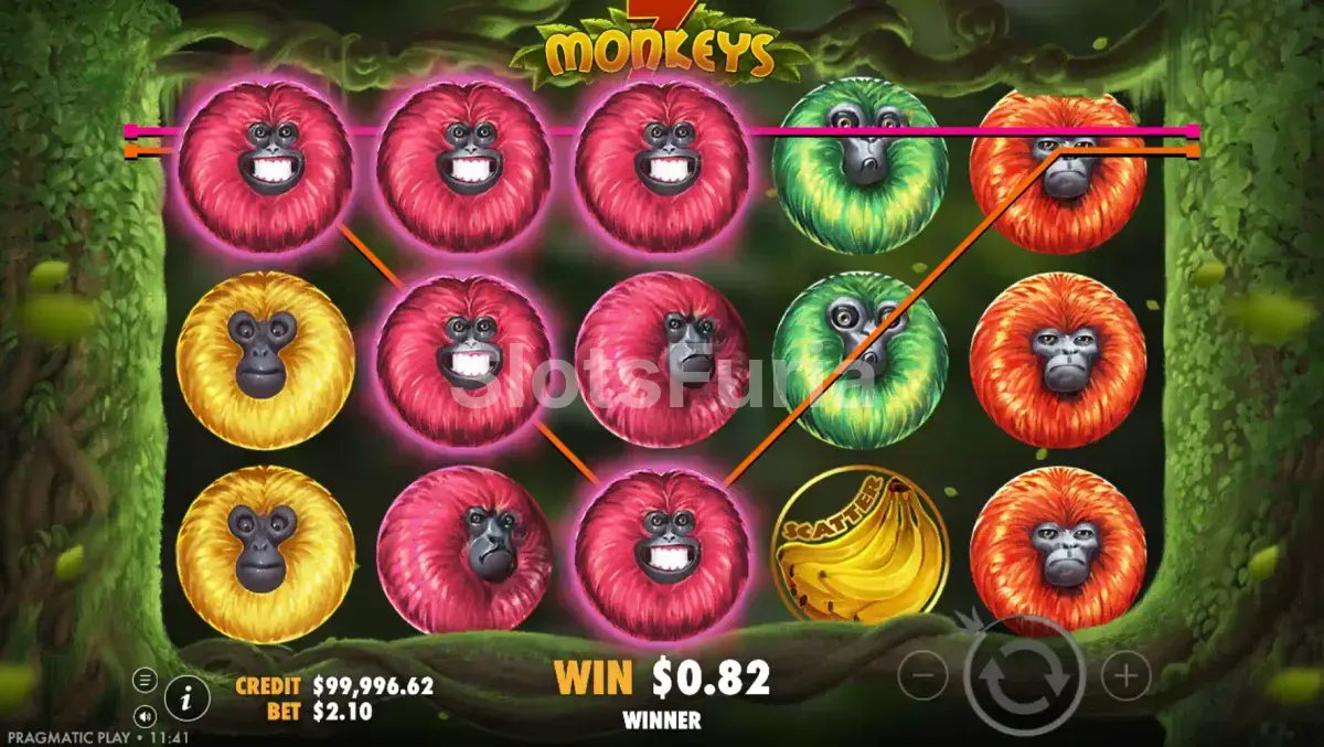 Segunda vista del juego base de 7 Monkeys con combinaciones ganadoras